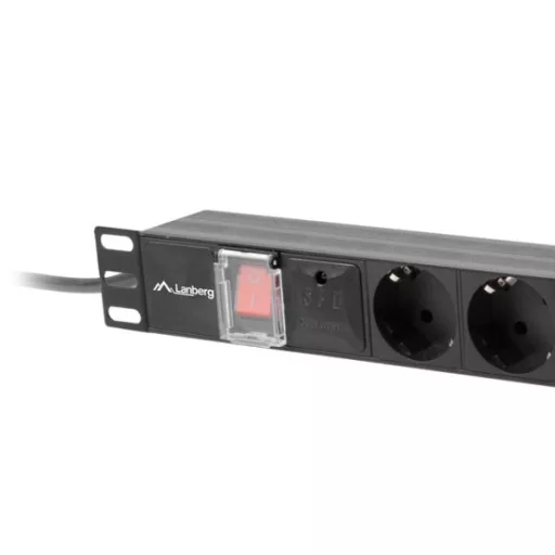Lanberg PDU-07F-0200-BK 19 1U 7xSchuko aljzat Schuko csatlakozóvéggel 2m túlfeszültségvédett elosztósor kapcsolóval