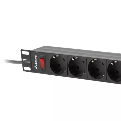 Lanberg PDU-09F-0300-BK 19 1U 9xSchuko aljzat Uni-Schuko csatlakozóvéggel 3m fekete elosztósor kapcsolóval