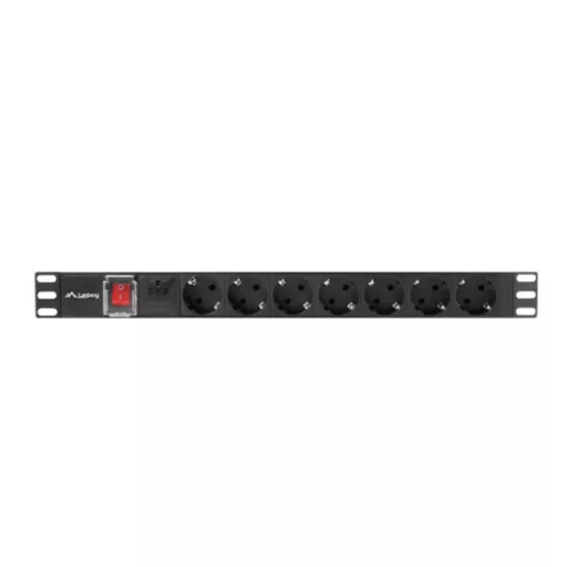 Lanberg PDU-07F-0200-IEC-BK 19" 1U 7xSchuko aljzat C14 csatlakozóvéggel 2m fekete elosztósor kapcsolóval