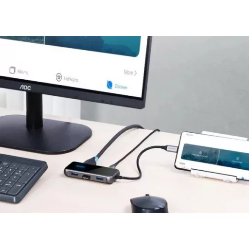 Vention USB-C -> HDMI/ USB3.0*3/PD (0,15m, szürke, tükrös felületű), Dokkoló