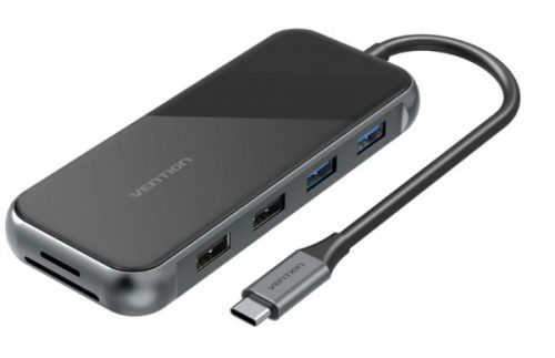 Vention USB-C -> HDMI/ VGA/USB3.0*2/USB2.0*2/RJ45/TF/SD/PD (0,15m, szürke, tükrös felületű), Dokkoló