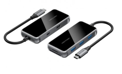 Vention USB-C -> HDMI/USB 3.0x3/SD/TF/PD (0,15m, szürke, tükrös felületű), Dokkoló