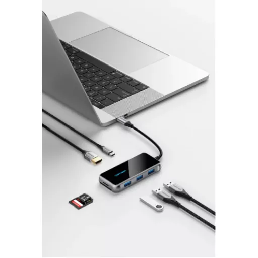 Vention USB-C -> HDMI/USB 3.0x3/SD/TF/PD (0,15m, szürke, tükrös felületű), Dokkoló