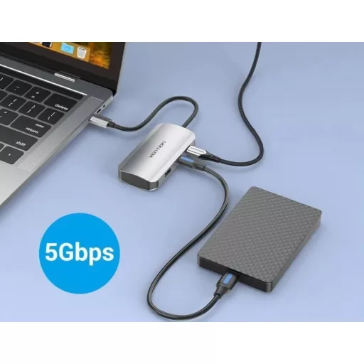 Vention USB-C -> USB3.0x3/SD/TF/PD (0,15m Szürke Aluminum Ötvözet), Hub