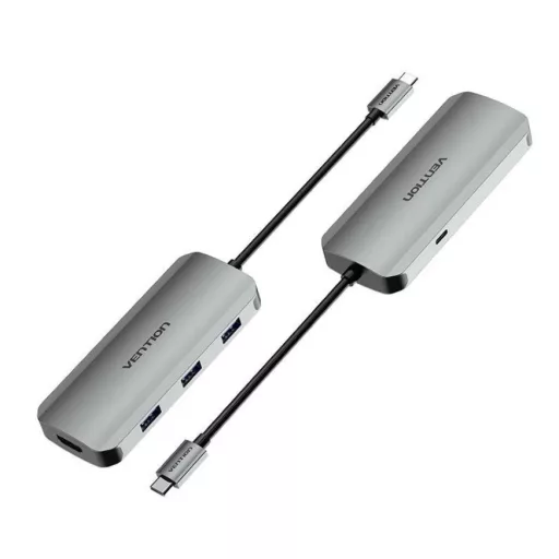 Vention USB-C -> HDMI/USB 3.0x3/PD (0,15m Szürke Aluminum Ötvözet), Dokkoló