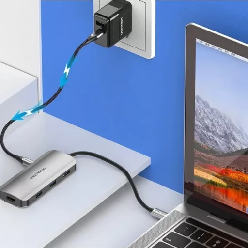 Vention USB-C -> HDMI/USB 3.0x3/PD (0,15m Szürke Aluminum Ötvözet), Dokkoló