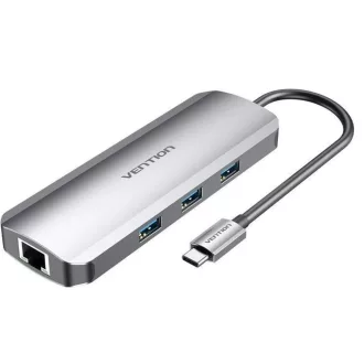   Vention USB-C -> HDMI/USB3.0x3/RJ45/SD/TF/PD (0,15m Szürke Aluminum Ötvözet), Dokkoló