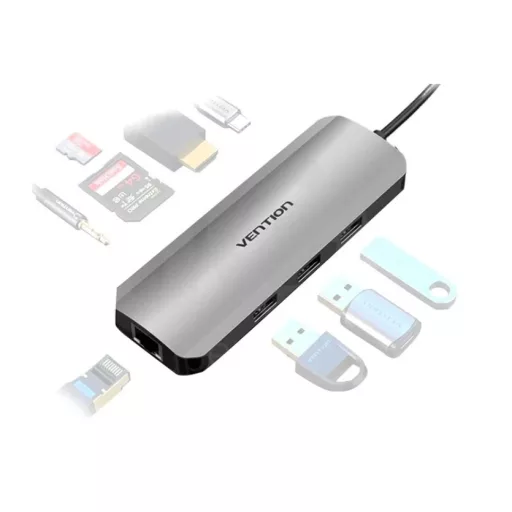 Vention USB-C -> HDMI/USB3.0x3/RJ45/SD/TF/PD (0,15m Szürke Aluminum Ötvözet), Dokkoló