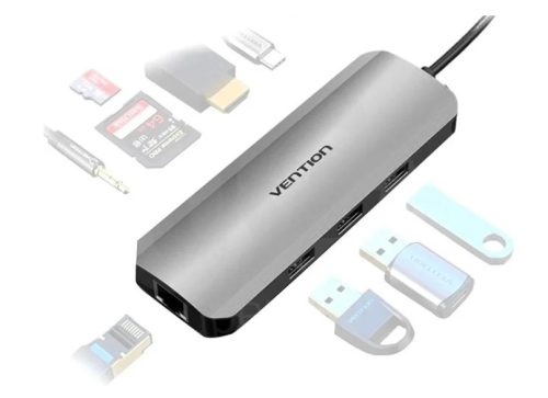 Vention USB-C -> HDMI/USB3.0x3/RJ45/SD/TF/TRRS 3.5mm/PD (0,15m Szürke Aluminum Ötvözet), Dokkoló