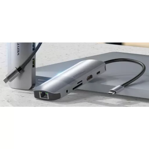 Vention USB-C -> HDMI/USB3.0x3/RJ45/SD/TF/TRRS 3.5mm/PD (0,15m Szürke Aluminum Ötvözet), Dokkoló