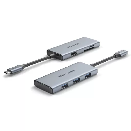 Vention USB-C -> HDMI/USB 3.0x3/SD/TF (0,15m Szürke Aluminum Ötvözet), Dokkoló
