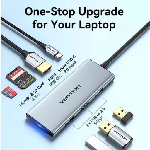 Vention USB-C -> HDMI/USB 3.0x3/SD/TF/PD (0,15m Szürke Aluminum Ötvözet) Dokkoló