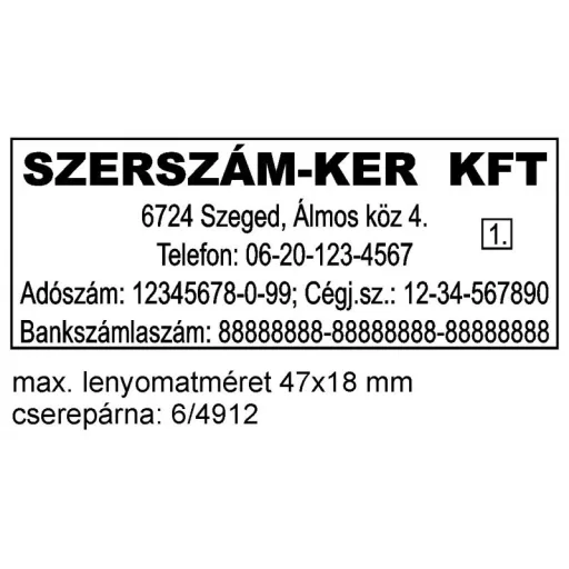 Trodat 4912 bélyegző lenyomat minta – 47x18 mm céges adatokkal
