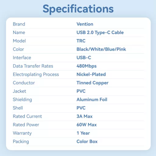 Vention Szövet USB-C -> USB-C,(3A, fehér), 2m, kábel