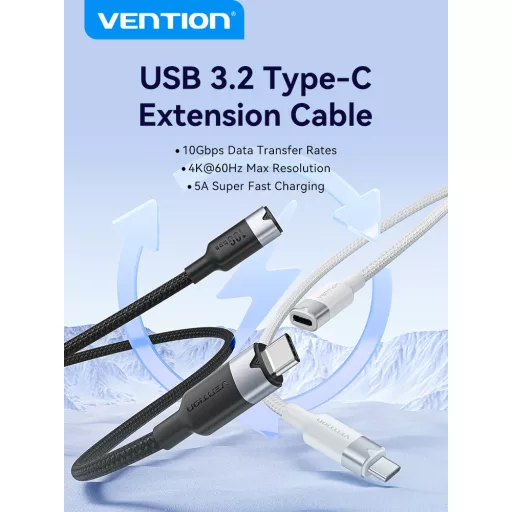 Vention USB-C 3.2/M -> USB-C 3.2/F, 1m,(hosszabbító, fehér, Gen2, 10Gbps), kábel
