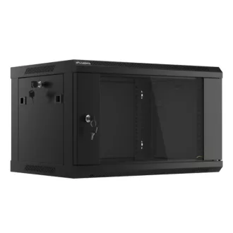   Lanberg WF01-6406-10B 19 6U SZÉL:600mm MÉLY:450mm MAG:379mm lapraszerelt üvegajtós fekete fali rack szekrény