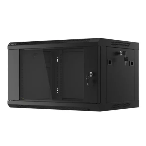Lanberg WF01-6406-10B 19 6U SZÉL:600mm MÉLY:450mm MAG:379mm lapraszerelt üvegajtós fekete fali rack szekrény