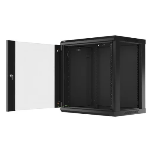 Lanberg WF01-6412-10B 19 12U SZÉL:600mm MÉLY:450mm MAG:640mm lapraszerelt üvegajtós fekete fali rack szekrény